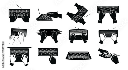 A professional collection of 12 unique typing hand silhouettes on keyboards. Designed for UI/UX, apps, websites, and tech-related projects.