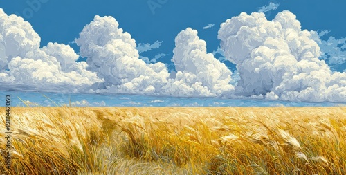 Golden wheat field below a bright blue sky filled with puffy, white cumulus clouds