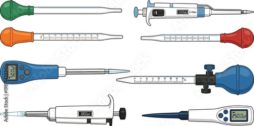 Laboratory pipettes and measuring tools set illustration, scientific equipment collection for precise liquid handling, research instruments and chemistry lab devices
