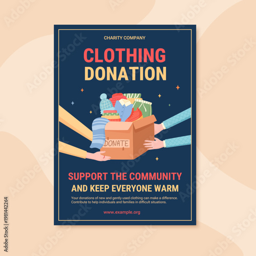 Charity clothes gift box on dark background. Community people donate cloth and warm clothes as support for needy and poor. Care concept poster as flat print for donation event social help