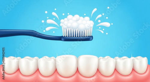 Close-up of a blue toothbrush with foamy toothpaste above healthy white teeth and gums, emphasizing dental hygiene and oral care