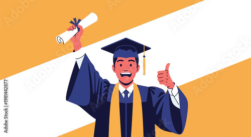 Excited male graduate celebrating academic achievement with diploma.