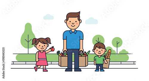 Father and children carrying groceries after a shopping trip.