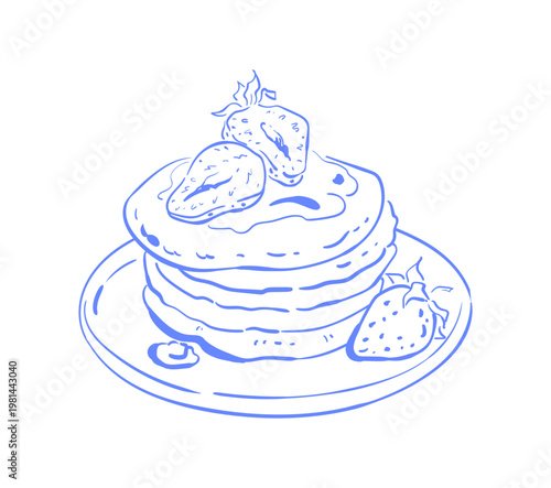 Vintage breakfast pancakes with strawberry detail in soft blue ink line style. Cute brunch dessert plate as cozy food doodle and hand drawn icon. Retro morning cafe mood for menu, bakery card or