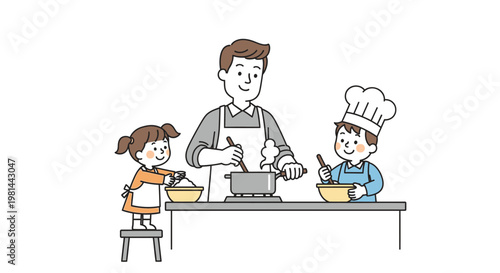 Father and children cooking together in the kitchen, enjoying a fun family activity.