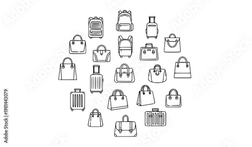 Luggage and bag outline icon collection in circular layout with suitcase backpack and travel accessories isolated on white background vector