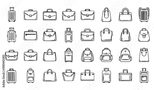 Travel bag and luggage outline icon collection with suitcase backpack handbag and shopping bag vector isolated on white background