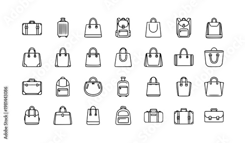 Bag and luggage line icon set with suitcase backpack handbag and travel case outline vector isolated on white background
