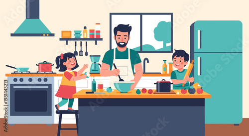 Father and children cooking together in the kitchen.