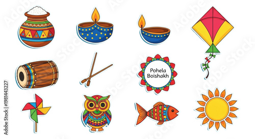 Bengali New Year Pohela Boishakh Celebration Icons Festive Kite Owl Fish Sun for Marketing Design