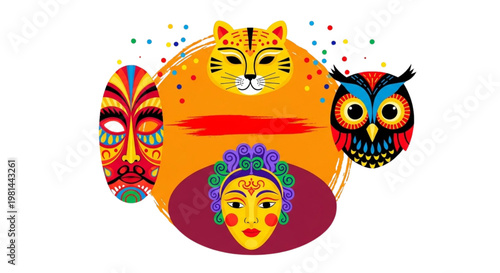 Vibrant Tribal Masks Festive Celebration Joyful Culture Art for Marketing Design and Web Content