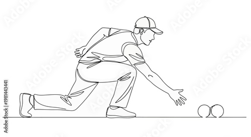 A man in a baseball cap crouches down to pick up a baseball on the ground in a dynamic oneline drawing style