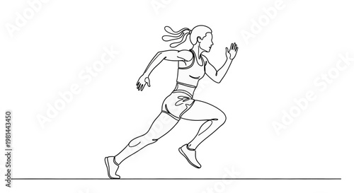 A woman in athletic wear running with her hair flowing behind her in a continuous line drawing style