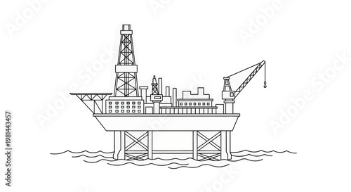 An offshore oil rig platform with a derrick and crane for industrial and energy concepts