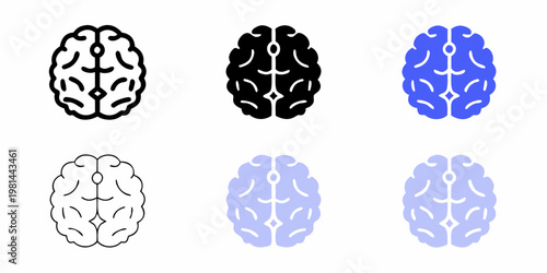 Six stylized brain illustrations in varying colors and outlines