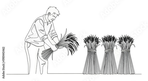 Man harvesting wheat in a field with bundles of wheat on the ground