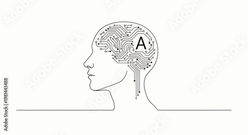 A black line drawing of a human head in profile with a circuit board pattern inside the brain and the letter a on the right side