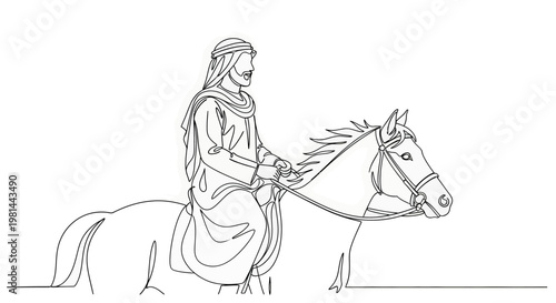 A woman wearing a headscarf rides a horse in a simple line drawing style