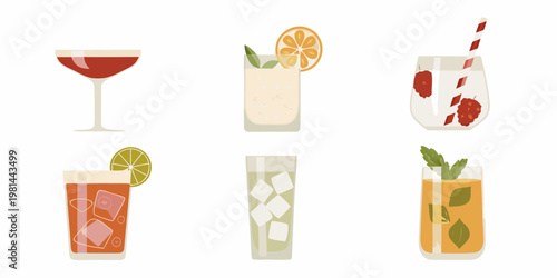 Colorful assortment of summer cocktails and refreshing beverages displayed neatly