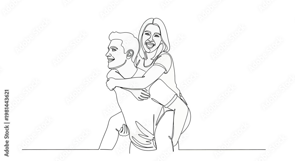 Fototapeta premium A line drawing of a man carrying a woman on his back in a playful pose