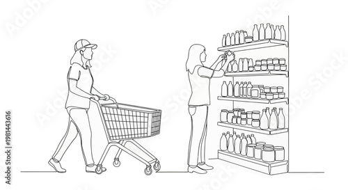 Line drawing of two women shopping at a grocery store one pushing a cart and the other stocking shelves with various products