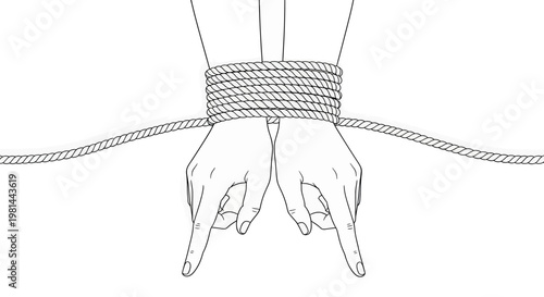 A pair of hands tied together with rope in a symbolic gesture