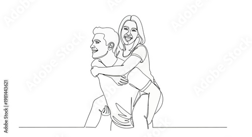 A line drawing of a man carrying a woman on his back in a playful pose