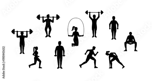 Diverse people doing fitness exercises with healthy lifestyle concept in clean flat vector illustration