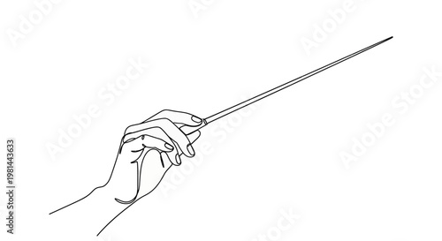 A hand holding a conductor baton on a in a minimalist line drawing style for music or orchestra related concepts