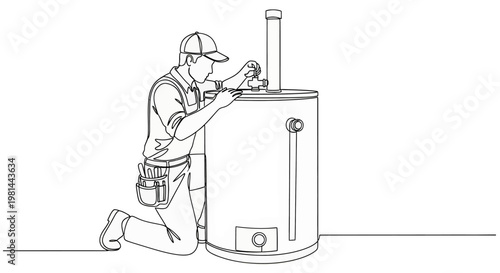 A line drawing of a technician in a cap and tool belt working on a water heater