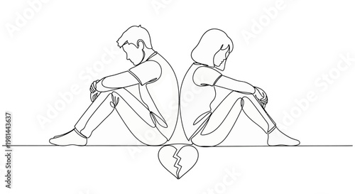 Continuous line drawing of a man and woman sitting back to back with a broken heart between them