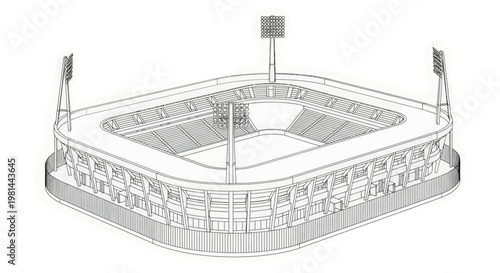 A black and white line drawing of a large sports stadium with seating and floodlights
