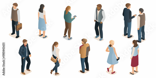 Isometric illustration of diverse people standing and interacting together