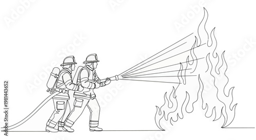 Two firefighters in full gear using a hose to extinguish large flames on a in a line drawing style