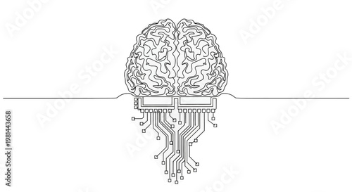 A black and white line drawing of a brain connected to circuit board