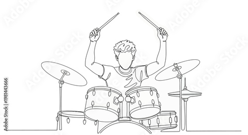 A line drawing of a man playing a drum set with drumsticks in both hands