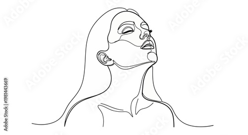 A minimalist line drawing of a woman with her eyes closed and head tilted back in a serene and contemplative pose