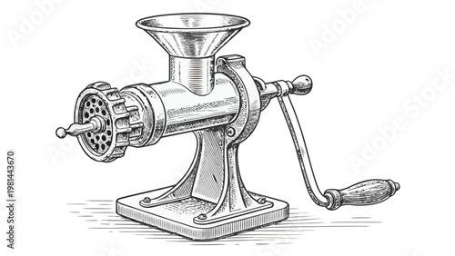 Vintage manual meat grinder machine old fashioned butcher shop equipment hand cranked mincer industrial kitchen tool monochrome