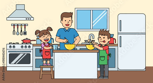 Father and children happily cooking together in the kitchen.