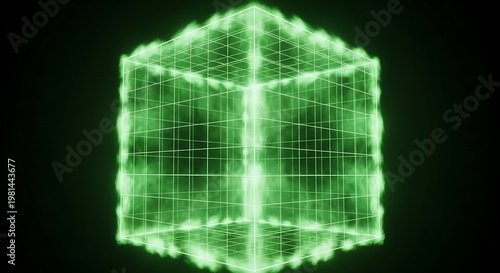 Abstract green glowing data cube with smoky aura in a dark digital environment