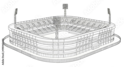 A detailed architectural drawing of a large sports stadium with seating and floodlights