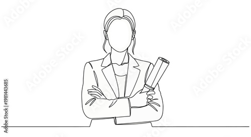 A minimalist line drawing of a confident businesswoman holding a rolled up document and crossing her arms