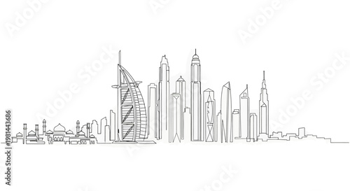 A black and white line drawing of a city skyline with various skyscrapers and buildings including the burj al arab in dubai