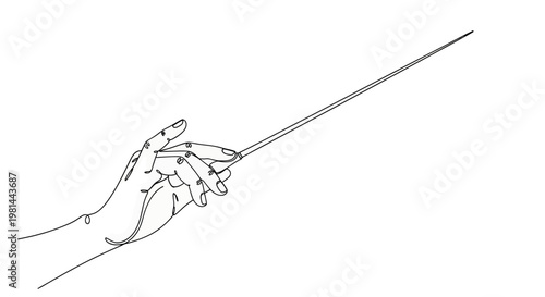 A hand holding a conductor baton in a continuous line drawing style