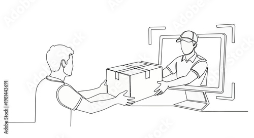 Line drawing of a delivery person handing a package to a customer through a computer screen