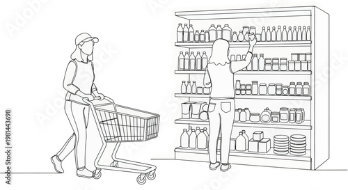 Line drawing of two people shopping for food and household items in a grocery store with shelves stocked with various products