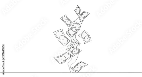 A line drawing of money flying through the air in a whimsical and dynamic illustration style