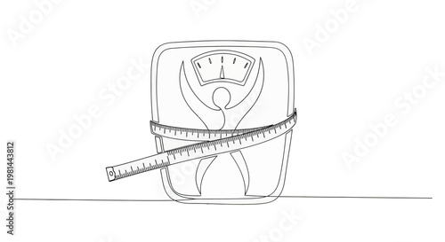 A black and white line drawing of a bathroom scale with a measuring tape wrapped around it