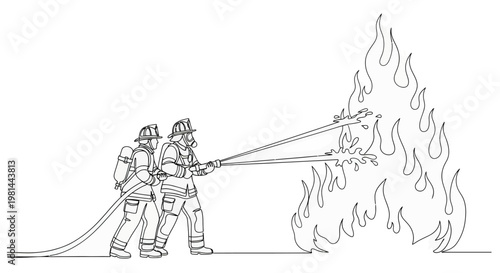 Two firefighters in full gear using a hose to extinguish large flames on a fire
