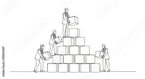 Businessmen building a pyramid with boxes in a line drawing style